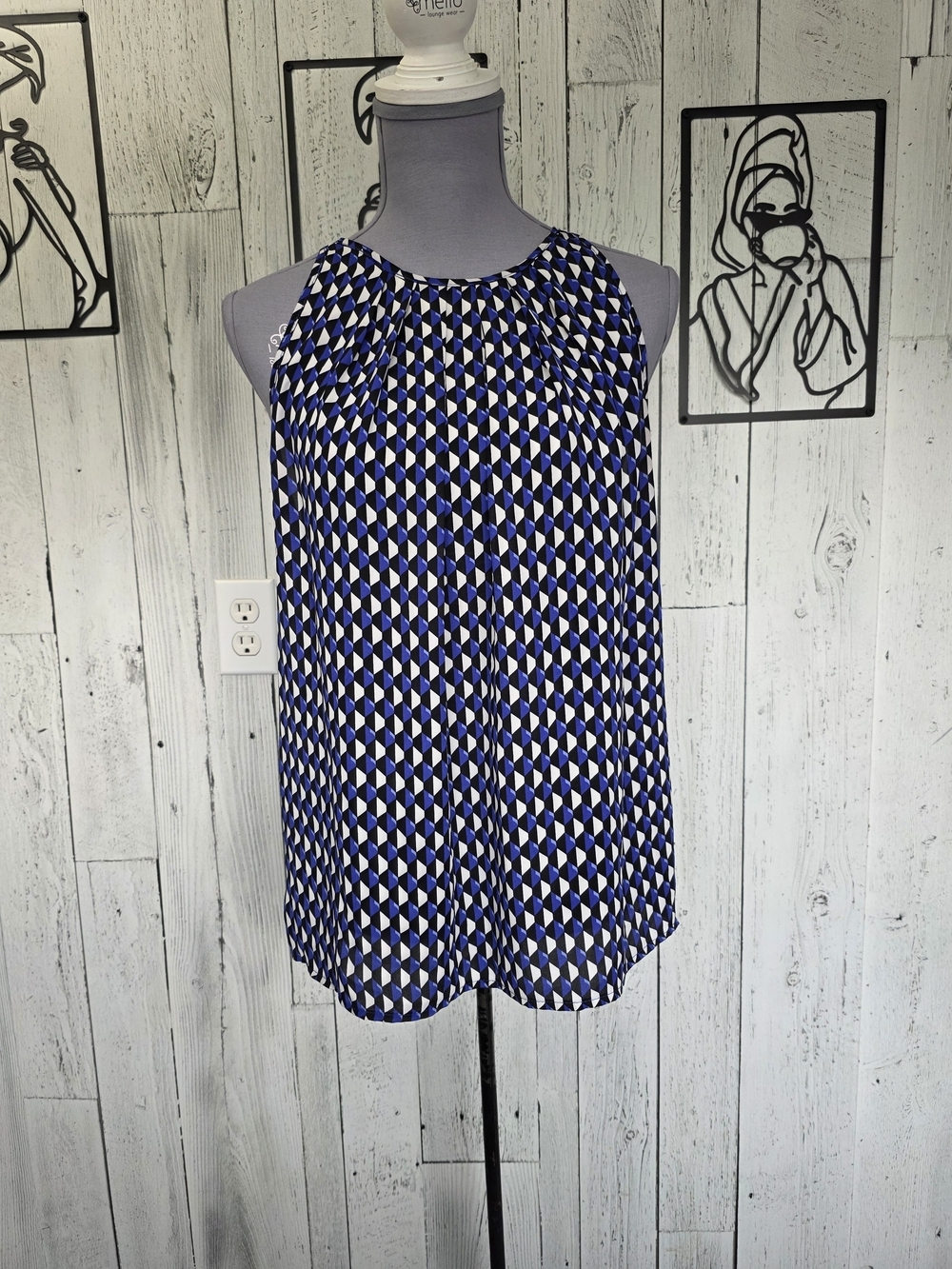 Kenar Blue Black Geometric Print Sleeveless Blouse Size M Office Business Attire